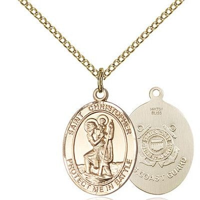 St. Christopher Coast Guard Medal Necklace - 14K Gold Filled - 3/4 Inch Tall x 1 Inch Wide with 18" Chain