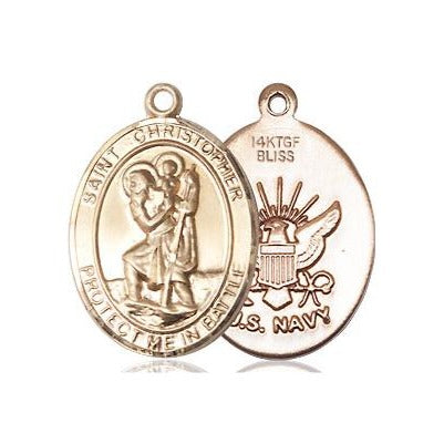 St. Christopher Navy Medal Necklace - 14K Gold Filled - 3/4 Inch Tall x 1 Inch Wide with 18" Chain