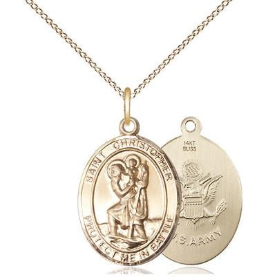 St. Christopher Army Medal Necklace - 14K Gold - 3/4 Inch Tall x 1 Inch Wide with 18" Chain