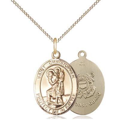 St. Christopher Coast Guard Medal Necklace - 14K Gold - 3/4 Inch Tall x 1 Inch Wide with 18" Chain