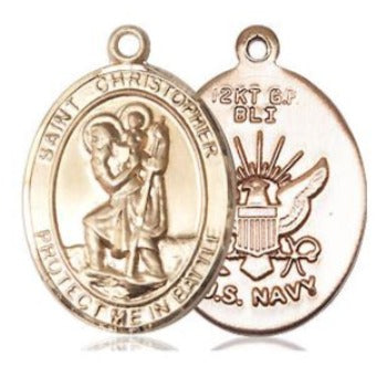 St. Christopher Navy Medal - 14K Gold - 3/4 Inch Tall x 1 Inch Wide