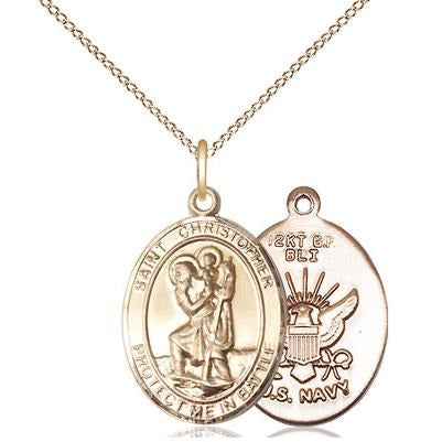 St. Christopher Navy Medal Necklace - 14K Gold - 3/4 Inch Tall x 1 Inch Wide with 18" Chain