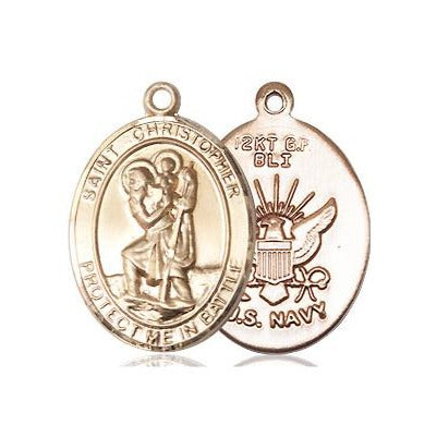 St. Christopher Navy Medal Necklace - 14K Gold - 3/4 Inch Tall x 1 Inch Wide with 18" Chain
