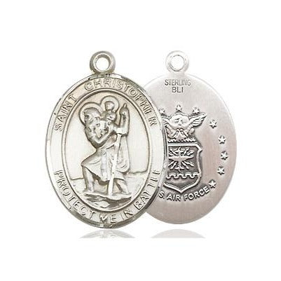 St. Christopher Air Force Medal Necklace - Sterling Silver - 3/4 Inch Tall x 7/8 Inch Wide with 24" Chain