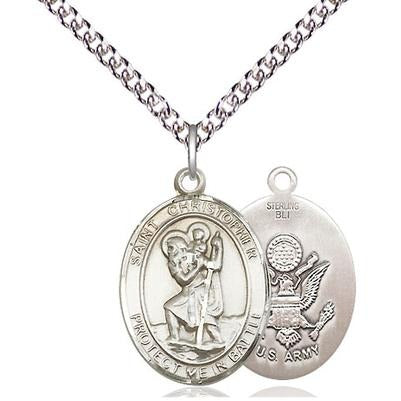 St. Christopher Army Medal Necklace - Sterling Silver - 3/4 Inch Tall x 1 Inch Wide with 24" Chain