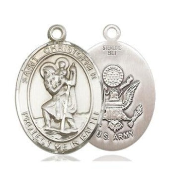St. Christopher Army Medal - Sterling Silver - 3/4 Inch Tall x 1 Inch Wide