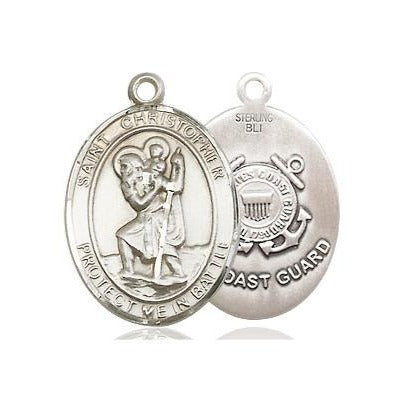 St. Christopher Coast Guard Medal Necklace - Sterling Silver - 3/4 Inch Tall x 1 Inch Wide with 18" Chain