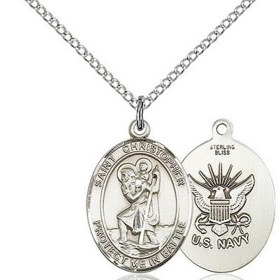 St Christopher Navy Medal Necklace - Sterling Silver - 3/4 Inch Tall x 1 Inch Wide with 18" Chain