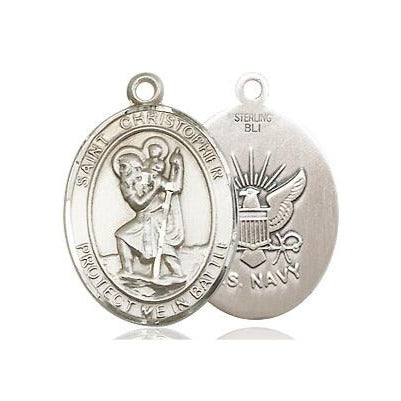 St Christopher Navy Medal Necklace - Sterling Silver - 3/4 Inch Tall x 1 Inch Wide with 18" Chain