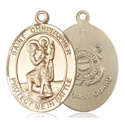 St. Christopher Coast Guard Medal Necklace - 14K Gold Filled - 1 Inch Tall x 1-1/4 Inch Wide with 18" Chain