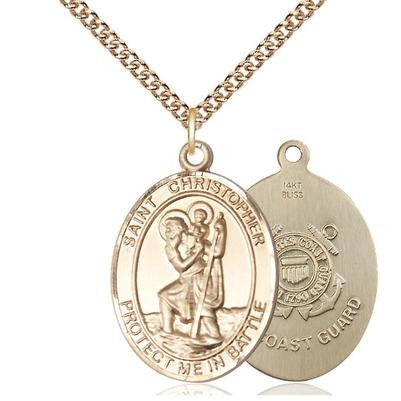 St. Christopher Coast Guard Medal Necklace - 14K Gold - 1 Inch Tall x 1-1/4 Inch Wide with 24" Chain