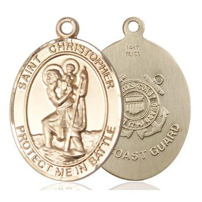 St. Christopher Coast Guard Medal Necklace - 14K Gold - 1 Inch Tall x 1-1/4 Inch Wide with 18" Chain