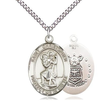 St. Christopher Air Force Medal Necklace - Sterling Silver - 1 Inch Tall x 1-1/4 Inch Wide with 24" Chain