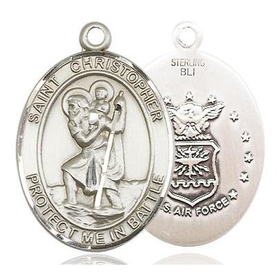 St. Christopher Air Force Medal Necklace - Sterling Silver - 1 Inch Tall x 1-1/4 Inch Wide with 24" Chain