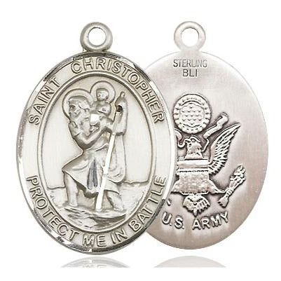 St. Christopher Army Medal Necklace - Sterling Silver - 1 Inch Tall x 1-1/4 Inch Wide with 24" Chain