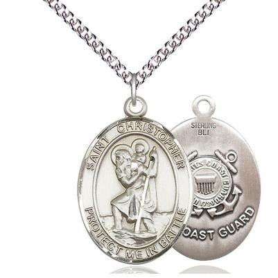 St. Christopher Coast Guard Medal Necklace - Sterling Silver - 1 Inch Tall x 1-1/4 Inch Wide with 24" Chain