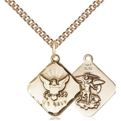 Navy Diamond Medal Necklace - 14K Gold - 3/4 Inch Tall x 5/8 Inch Wide with 24" Chain