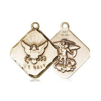 Navy Diamond Medal Necklace - 14K Gold - 3/4 Inch Tall x 5/8 Inch Wide with 18" Chain