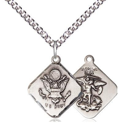 Army Diamond Medal Necklace - Sterling Silver - 3/4 Inch Tall x 5/8 Inch Wide with 24" Chain