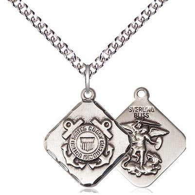 Coast Guard Diamond Medal Necklace - Sterling Silver - 3/4 Inch Tall x 5/8 Inch Wide with 24" Chain