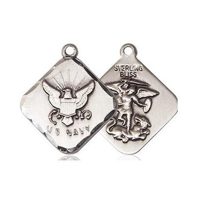 Navy Diamond Medal Necklace - Sterling Silver - 3/4 Inch Tall x 5/8 Inch Wide with 18" Chain