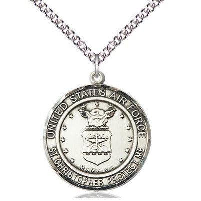 Air Force St. Christopher Medal Necklace - Sterling Silver - 1 Inch Tall x 7/8 Inch Wide with 24" Chain