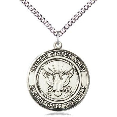 Navy St. Christopher Medal Necklace - Sterling Silver - 1 Inch Tall x 7/8 Inch Wide with 24" Chain