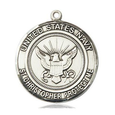 Navy St. Christopher Medal Necklace - Sterling Silver - 1 Inch Tall x 7/8 Inch Wide with 24" Chain