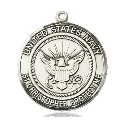 Navy St. Christopher Medal Necklace - Sterling Silver - 1 Inch Tall x 7/8 Inch Wide with 18" Chain