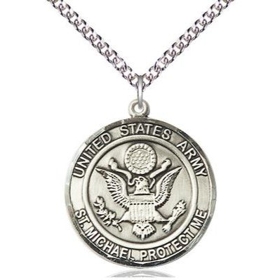 Army St. Michael Medal Necklace - Sterling Silver - 1 Inch Tall x 7/8 Inch Wide with 24" Chain