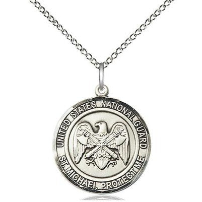 National Guard St. Michael Medal Necklace - Sterling Silver - 3/4 Inch Tall x 3/4 Inch Wide with 18" Chain