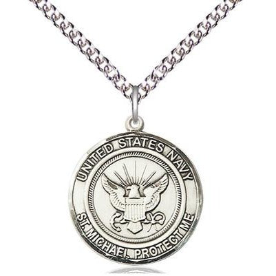 Navy St. Michael Medal Necklace - Sterling Silver - 3/4 Inch Tall x 3/4 Inch Wide with 24" Chain