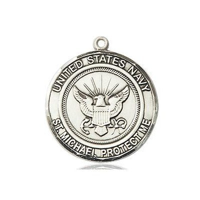 Navy St. Michael Medal Necklace - Sterling Silver - 3/4 Inch Tall x 3/4 Inch Wide with 24" Chain