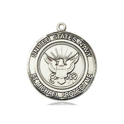 Navy St. Michael Medal Necklace - Sterling Silver - 3/4 Inch Tall x 3/4 Inch Wide with 18" Chain