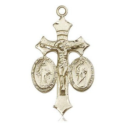 Jesus, Mary & Joseph Medal Necklace - 14K Gold - 1-1/8 Inch Tall x 5/8 Inch Wide with 24" Chain