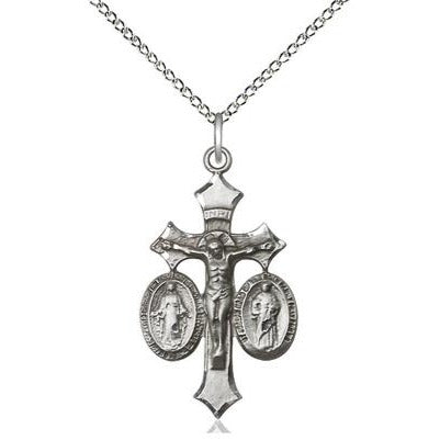 Jesus, Mary & Joseph Medal Necklace - Sterling Silver - 1-1/8 Inch Tall x 5/8 Inch Wide with 18" Chain