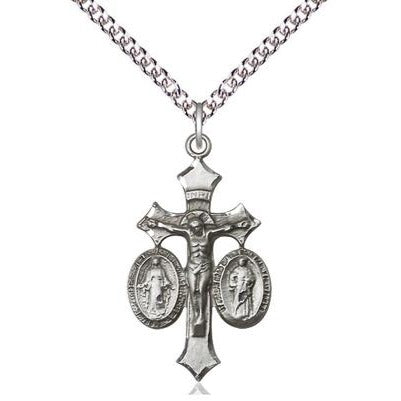 Jesus, Mary & Joseph Medal Necklace - Sterling Silver - 1-1/8 Inch Tall x 5/8 Inch Wide with 24" Chain