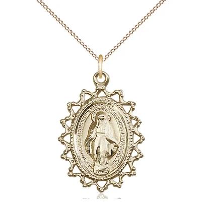 Miraculous Medal Necklace - 14K Gold - 1 Inch Tall by 3/4 Inch Wide with 18" Chain