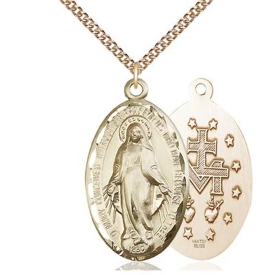 Miraculous Medal Necklace - 14K Gold - 1-3/8 Inch Tall by 3/4 Inch Wide with 24" Chain