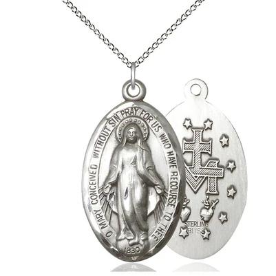 Miraculous Medal Necklace - Sterling Silver - 1-3/8 Inch Tall by 3/4 Inch Wide with 18" Chain
