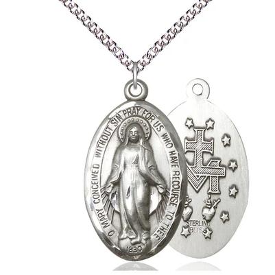 Miraculous Medal Necklace - Sterling Silver - 1-3/8 Inch Tall by 3/4 Inch Wide with 24" Chain