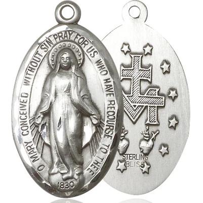 Miraculous Medal Necklace - Sterling Silver - 1-3/8 Inch Tall by 3/4 Inch Wide with 24" Chain