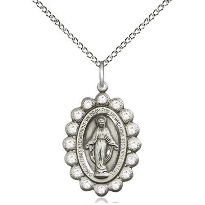 Miraculous Medal Necklace - Sterling Silver - 7/8 Inch Tall by 1/2 Inch Wide with 18" Chain