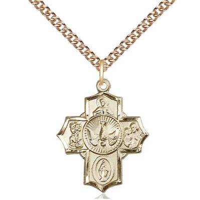 5 Way Medal Necklace - 14K Gold Filled - 7/8 Inch Tall by 5/8 Inch Wide with 24" Chain