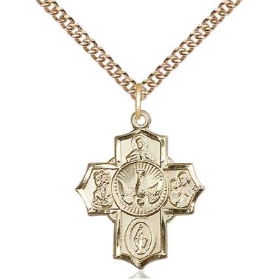 5 Way Medal Necklace - 14K Gold - 7/8 Inch Tall by 5/8 Inch Wide with 24" Chain