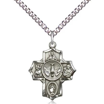 5 Way Medal Necklace - Sterling Silver - 7/8 Inch Tall by 5/8 Inch Wide with 24" Chain