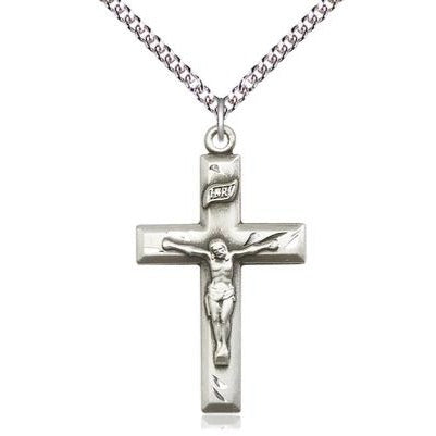 Crucifix Medal Necklace - Sterling Silver - 1-3/8 Inch Tall x 3/4 Inch Wide with 24" Chain