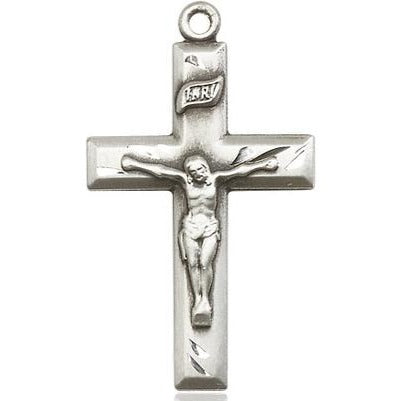 Crucifix Medal Necklace - Sterling Silver - 1-3/8 Inch Tall x 3/4 Inch Wide with 24" Chain