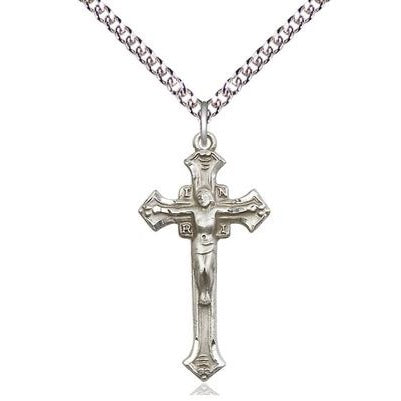 Crucifix Medal Necklace - Sterling Silver - 1-1/8 Inch Tall x 5/8 Inch Wide with 24" Chain