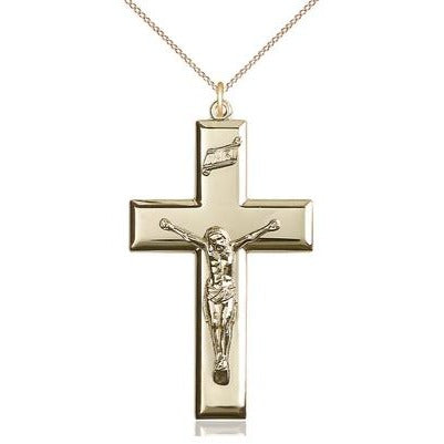 Crucifix Medal Necklace - 14K Gold -1-7/8 Inch Tall x 1 Inch Wide with 18" Chain